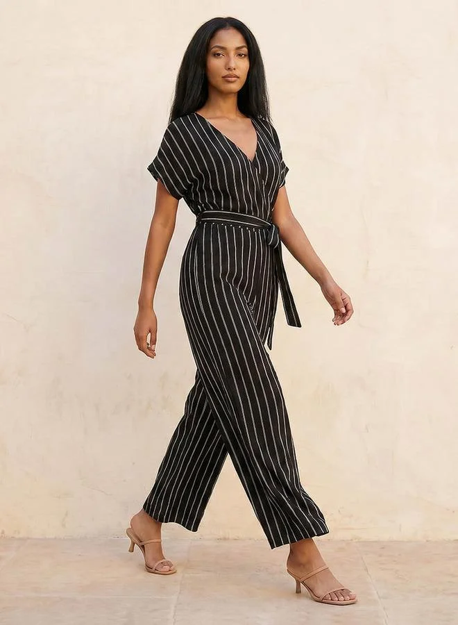 Splash FAV BLACK Youth Textured Wrap Jumpsuit with Tie-Up Belt for Women | Best Price UAE