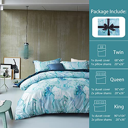 MILDLY 100% Long-Staple Cotton Duvet Cover Set Aqua Watercolor Marble Pattern Printed Comforter Cover 3pcs, Ultra Soft & Breathable Bedding Set - Image 2