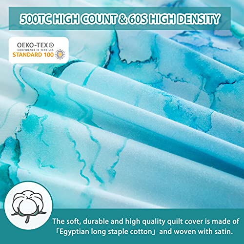 MILDLY 100% Long-Staple Cotton Duvet Cover Set Aqua Watercolor Marble Pattern Printed Comforter Cover 3pcs, Ultra Soft & Breathable Bedding Set - Image 3