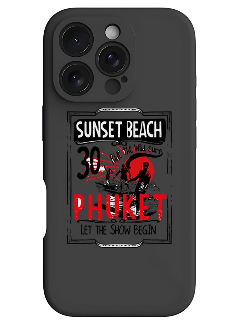 Theodor iPhone 16 Pro Max Black Protective Slim Fit Case Liquid Silicone Cover with Full Body Protection Anti-Scratch Shockproof Case For iPhone - Sunset Beach  - Image 1