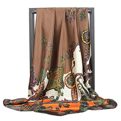 YOUR SMILE Silk Like Scarf Women's Fashion Pattern Large Square Satin Headscarf (Brown Bandanna) - Image 2
