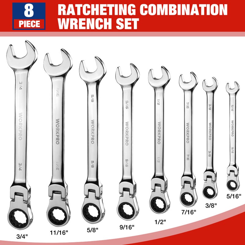 WORKPRO 8-piece Flex-Head Ratcheting Combination Wrench Set, SAE 5/16-3/4 in, 72-Teeth, Cr-V Constructed, Mirror Polished Chrome Plated with Roll Up Pouch - Image 5