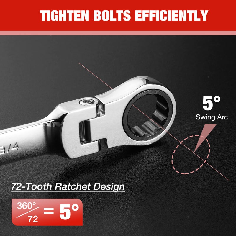 WORKPRO 8-piece Flex-Head Ratcheting Combination Wrench Set, SAE 5/16-3/4 in, 72-Teeth, Cr-V Constructed, Mirror Polished Chrome Plated with Roll Up Pouch - Image 2