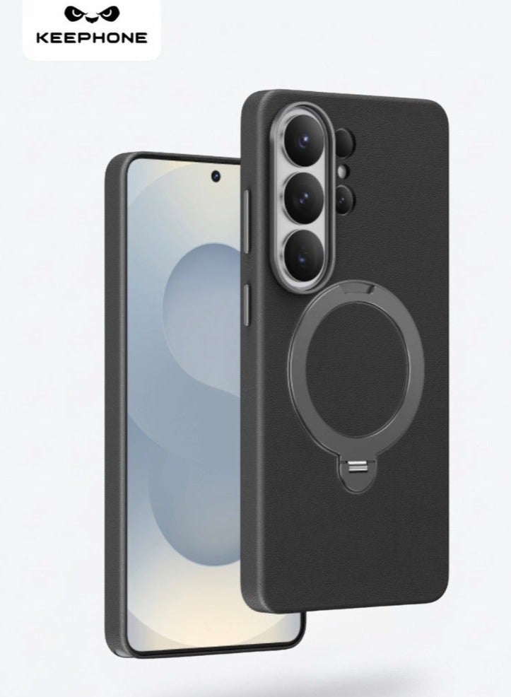 KeepHone MEHOLD Magnetic Black Eco-Leather Case for Galaxy S26 Ultra with Foldable Stand & 360° Rotation, Strong N52 Magnets, Wireless Charging Compatible, Military-Grade Shockproof Protection, Metal Camera Guard & Metal Buttons, Premium Leather Finish with Soft Microfiber Lining - Image 1