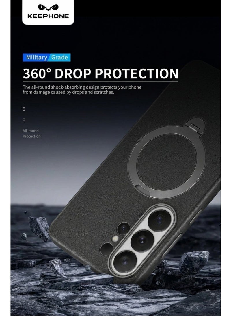 KeepHone MEHOLD Magnetic Black Eco-Leather Case for Galaxy S26 Ultra with Foldable Stand & 360° Rotation, Strong N52 Magnets, Wireless Charging Compatible, Military-Grade Shockproof Protection, Metal Camera Guard & Metal Buttons, Premium Leather Finish with Soft Microfiber Lining - Image 4