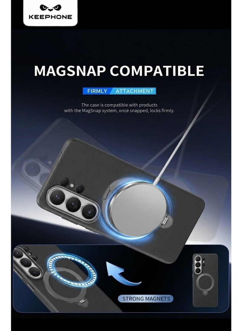 KeepHone MEHOLD Magnetic Black Eco-Leather Case for Galaxy S26 Ultra with Foldable Stand & 360° Rotation, Strong N52 Magnets, Wireless Charging Compatible, Military-Grade Shockproof Protection, Metal Camera Guard & Metal Buttons, Premium Leather Finish with Soft Microfiber Lining - Image 3