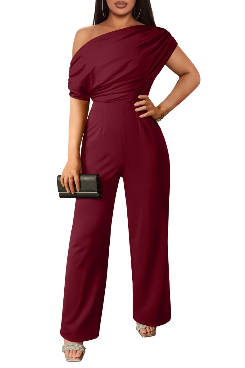 YMDUCH Women's Casual Sleeveless Off Shoulder Wide Leg Long Pant Jumpsuits Winered - Image 1