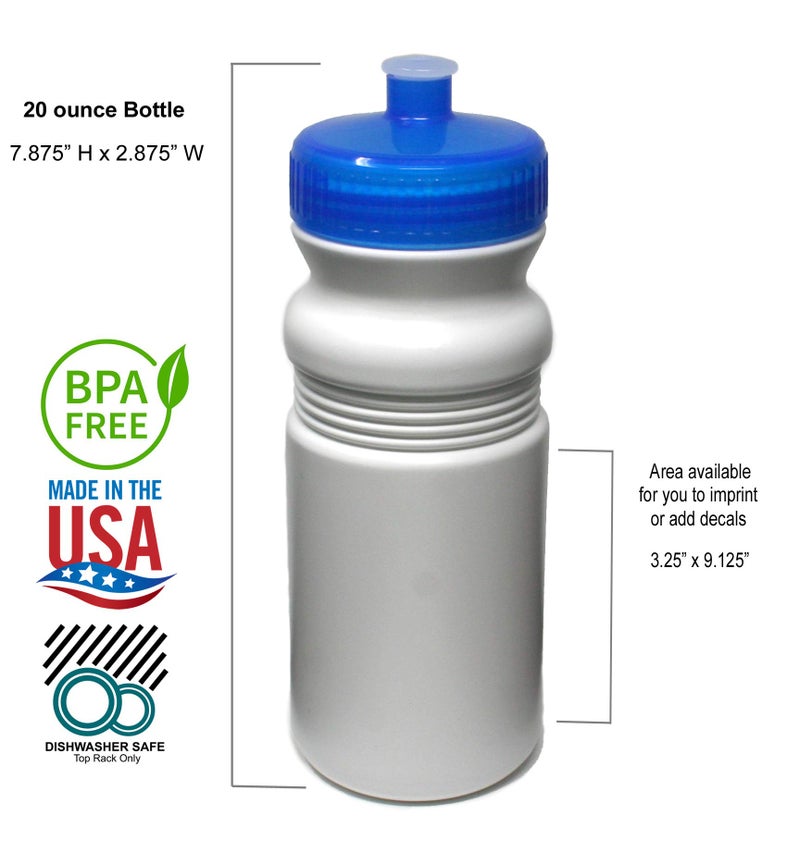Rolling Sands 20 Ounce Sports Water Bottles 6 Pack  BPA-Free  Made In USA  Dishwasher Safe  White Bottles/Blue Lids - Image 3