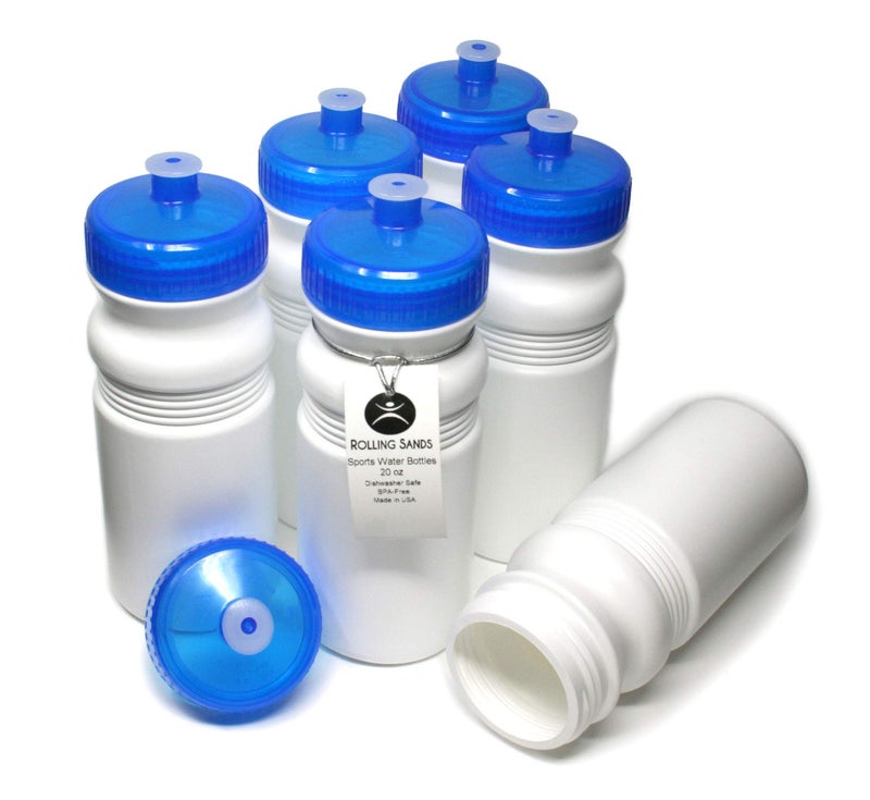 Rolling Sands 20 Ounce Sports Water Bottles 6 Pack  BPA-Free  Made In USA  Dishwasher Safe  White Bottles/Blue Lids - Image 1