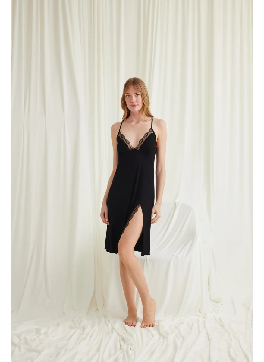 Monamise Women's Rope Strap Slit Nightgown-Black