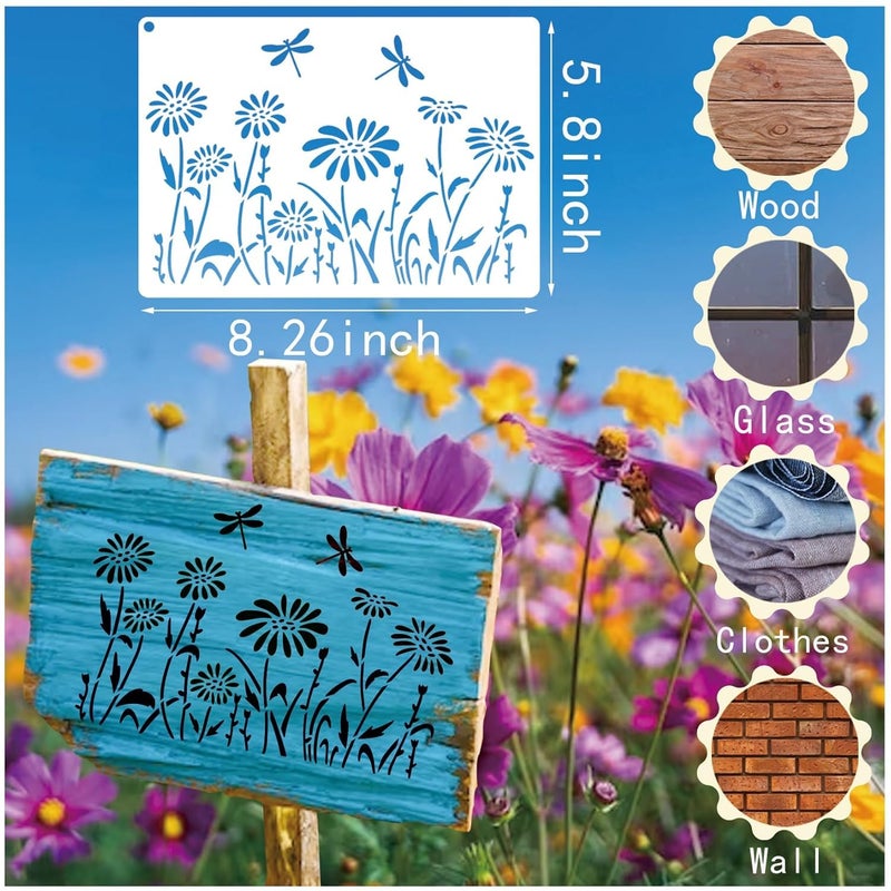 DEVASYA CRAFTS Wildflower Stencils for Painting on Wood, Vine Cherry Blossom Bird Tree Leaf Stencils for Crafts Reusable Wood Burning Drawing Art Paint and Patterns for Wall Cake Cookie (13 Spring A5) (Wild flower) - Image 2