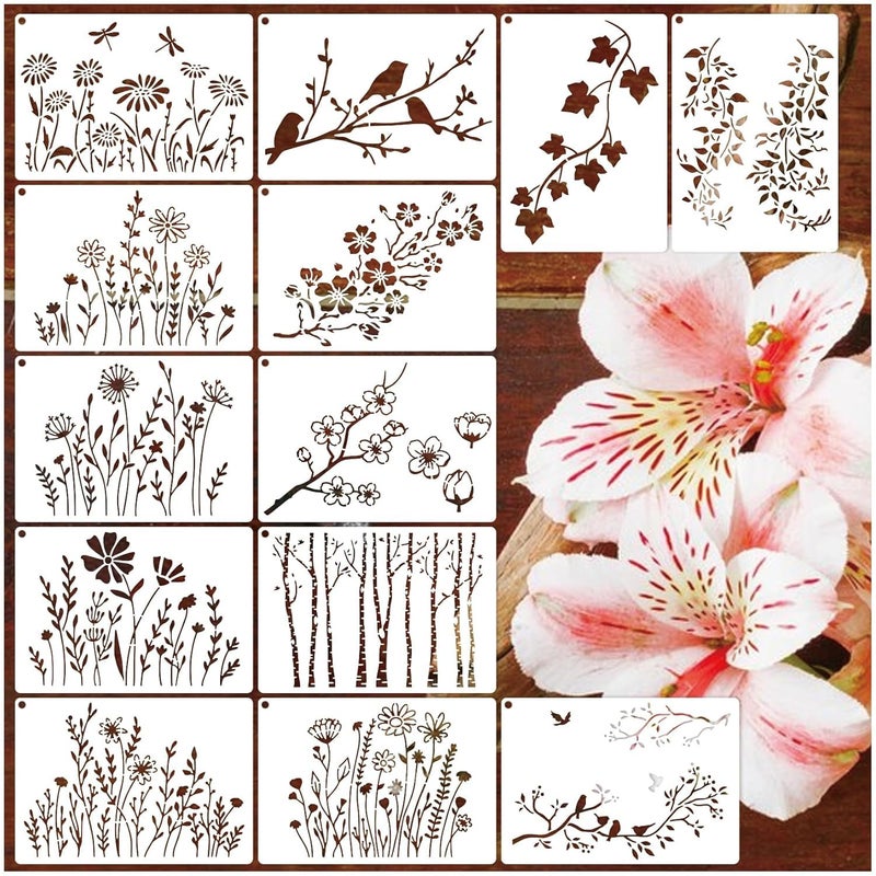 DEVASYA CRAFTS Wildflower Stencils for Painting on Wood, Vine Cherry Blossom Bird Tree Leaf Stencils for Crafts Reusable Wood Burning Drawing Art Paint and Patterns for Wall Cake Cookie (13 Spring A5) (Wild flower) - Image 1