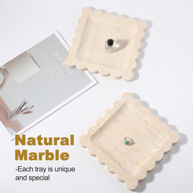karibiber Travertine Decorative Tray, 7.8in Marble Scallop Edge Tray, Square Bathroom Trays for Jewelry Perfume, Vanity, Coffee Table, Beige Stone Trinket Dish for Woman, Dresser DÃ©cor Gift - Image 2