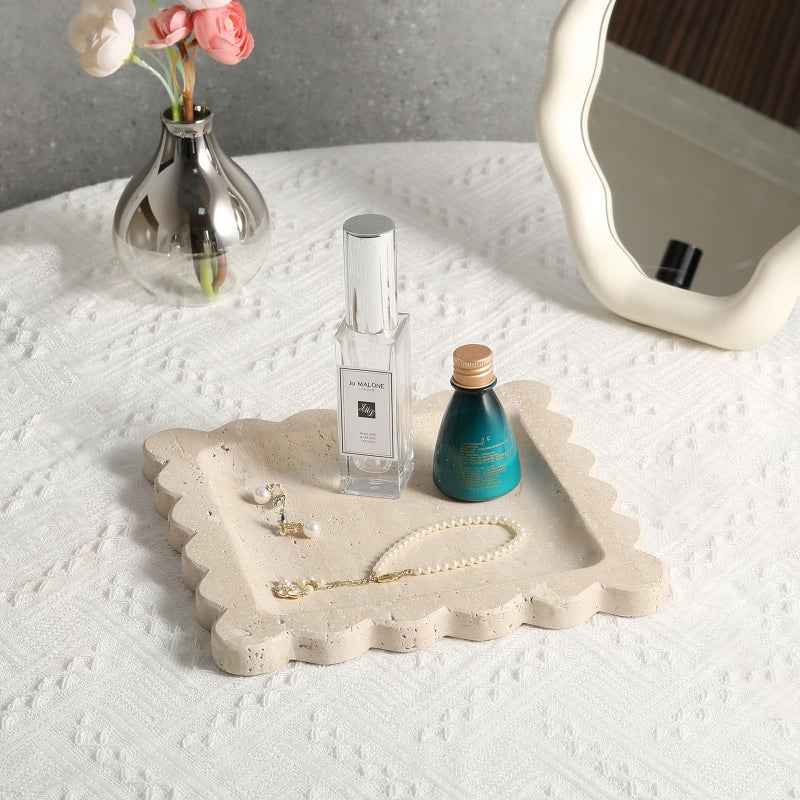 karibiber Travertine Decorative Tray, 7.8in Marble Scallop Edge Tray, Square Bathroom Trays for Jewelry Perfume, Vanity, Coffee Table, Beige Stone Trinket Dish for Woman, Dresser DÃ©cor Gift - Image 3