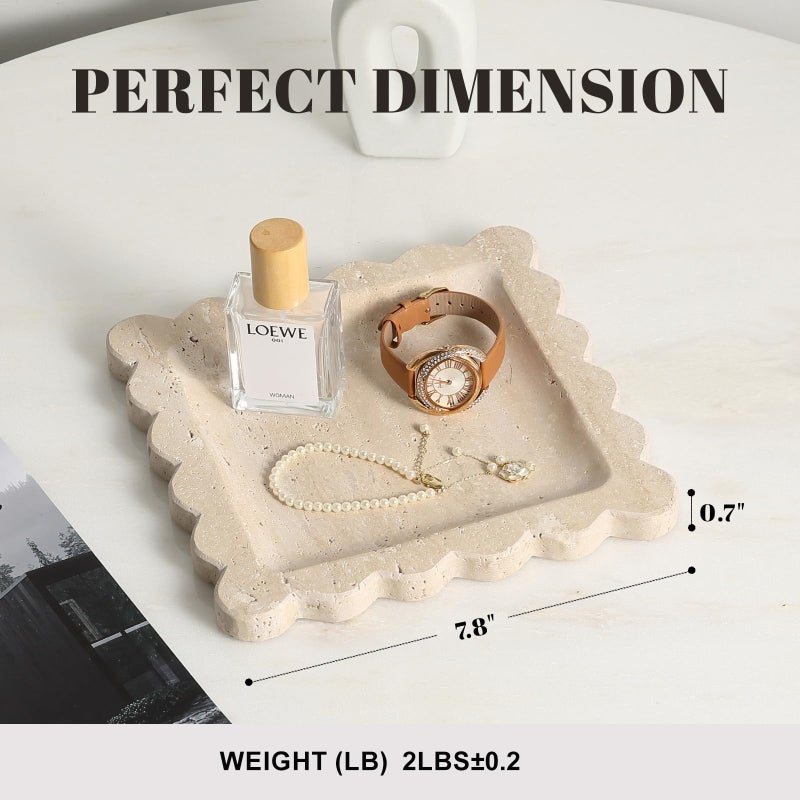 karibiber Travertine Decorative Tray, 7.8in Marble Scallop Edge Tray, Square Bathroom Trays for Jewelry Perfume, Vanity, Coffee Table, Beige Stone Trinket Dish for Woman, Dresser DÃ©cor Gift - Image 4