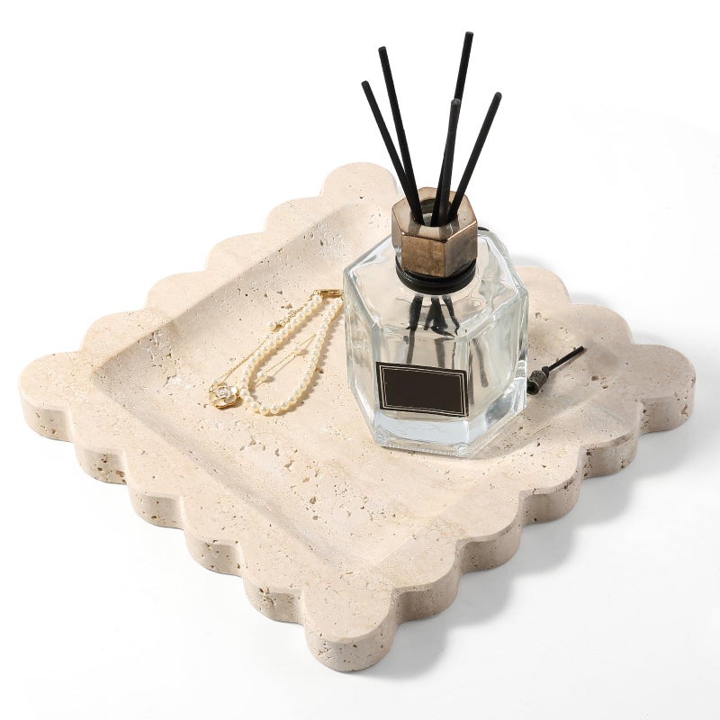 karibiber Travertine Decorative Tray, 7.8in Marble Scallop Edge Tray, Square Bathroom Trays for Jewelry Perfume, Vanity, Coffee Table, Beige Stone Trinket Dish for Woman, Dresser DÃ©cor Gift - Image 1
