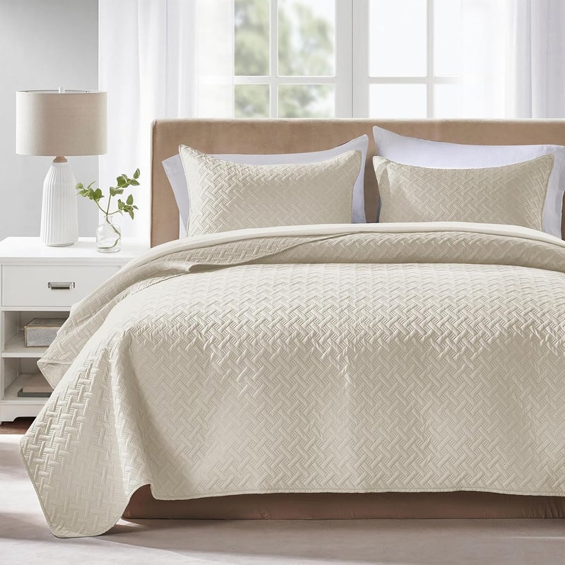 FLYMME Quilts King Size,Lightweight Cream Bedspreads,Basket Weave Pattern,Ultra Soft Microfiber Bed Coverlet 3 Pieces for All-Seasons (1 Quilt,2 Pillow Shams) - Image 1