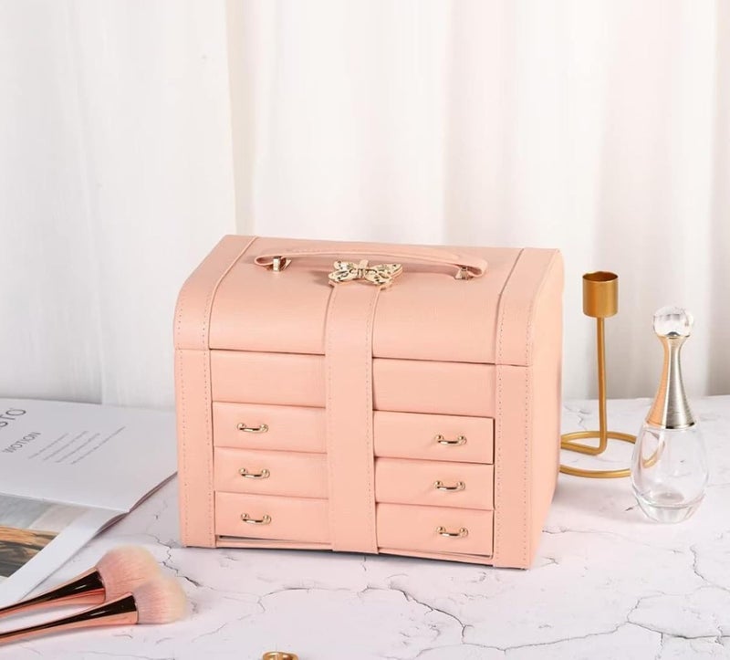 SIBY Peach Leather Jewelry Box with 8 Drawers & Soft Velvet Lining | Premium Storage Case for Women’s Rings, Bracelets, Watches, Earrings - Image 5