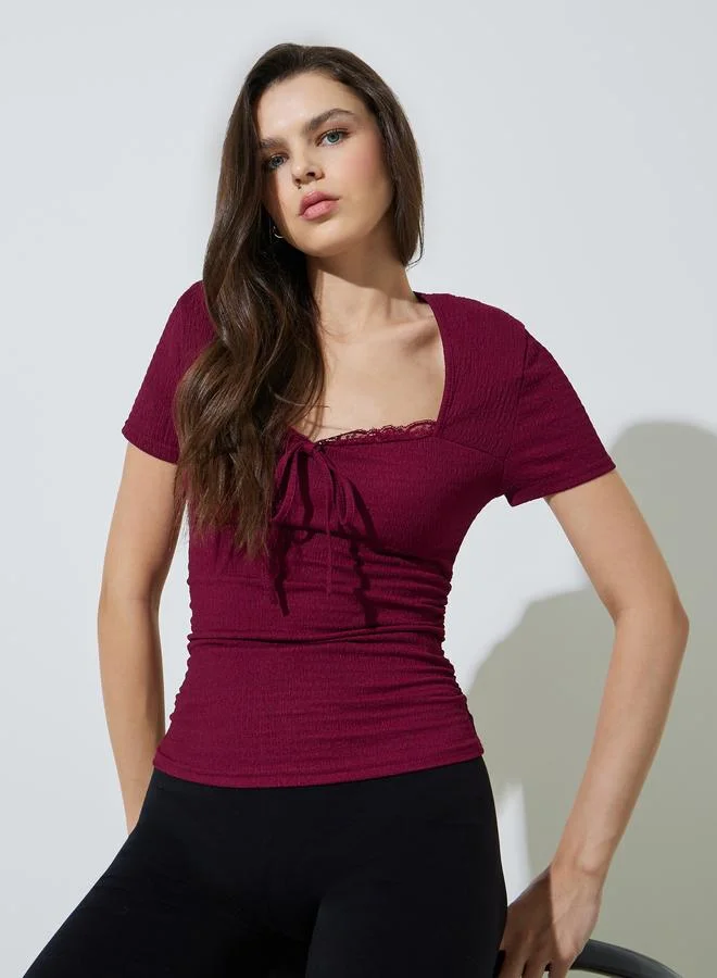 تايك تو Burgundy Short Sleeve Shirred Tie-Front Top