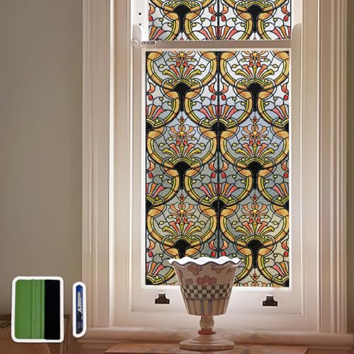 Chicskin 3D Vintage Stained Glass Window Film with Tools, Decorative Window Privacy Film for Room/Door/Home Decor, Amber Tracery,11.02"X70.87"(28X180CM) - Image 1