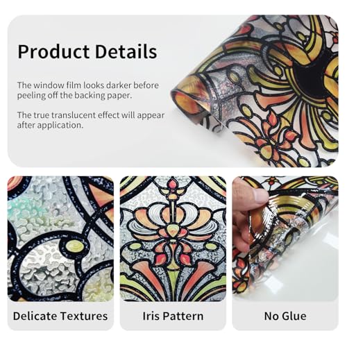 Chicskin 3D Vintage Stained Glass Window Film with Tools, Decorative Window Privacy Film for Room/Door/Home Decor, Amber Tracery,11.02"X70.87"(28X180CM) - Image 5