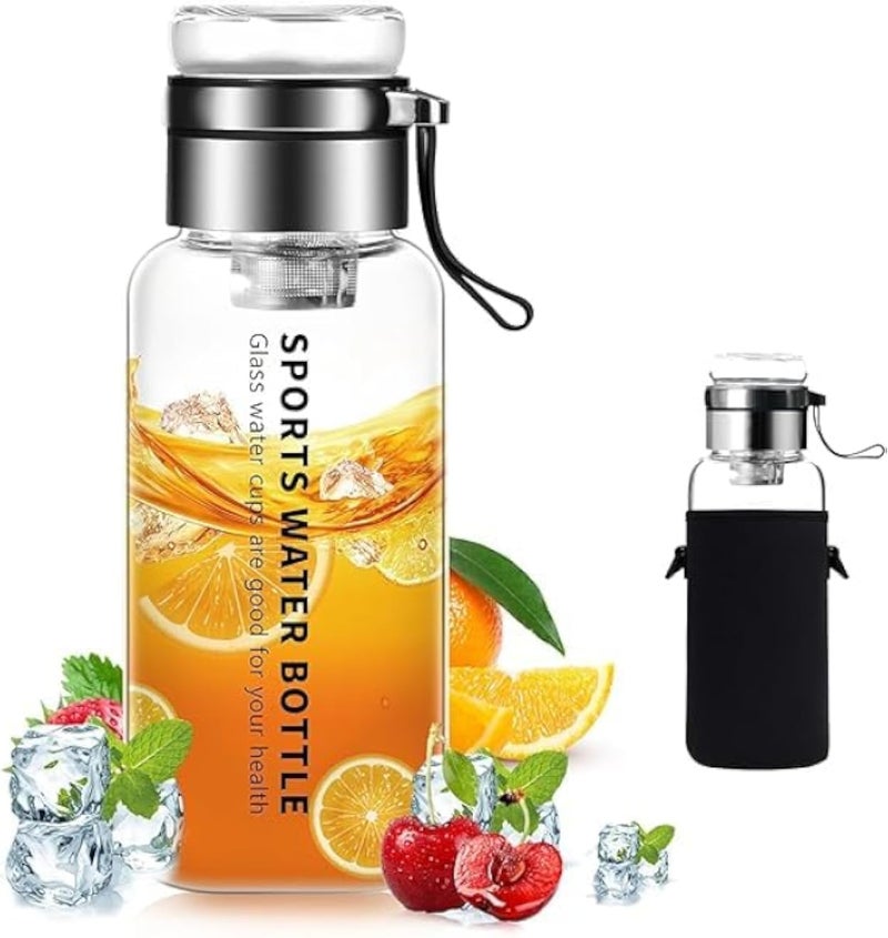 710ml Clear Borosilicate Glass Water Bottle with Stainless Steel Tea Infuser Practical Lid Cup Function Neoprene Sleeve Wide Mouth BPA Free for Tea, Drinks, Juice
