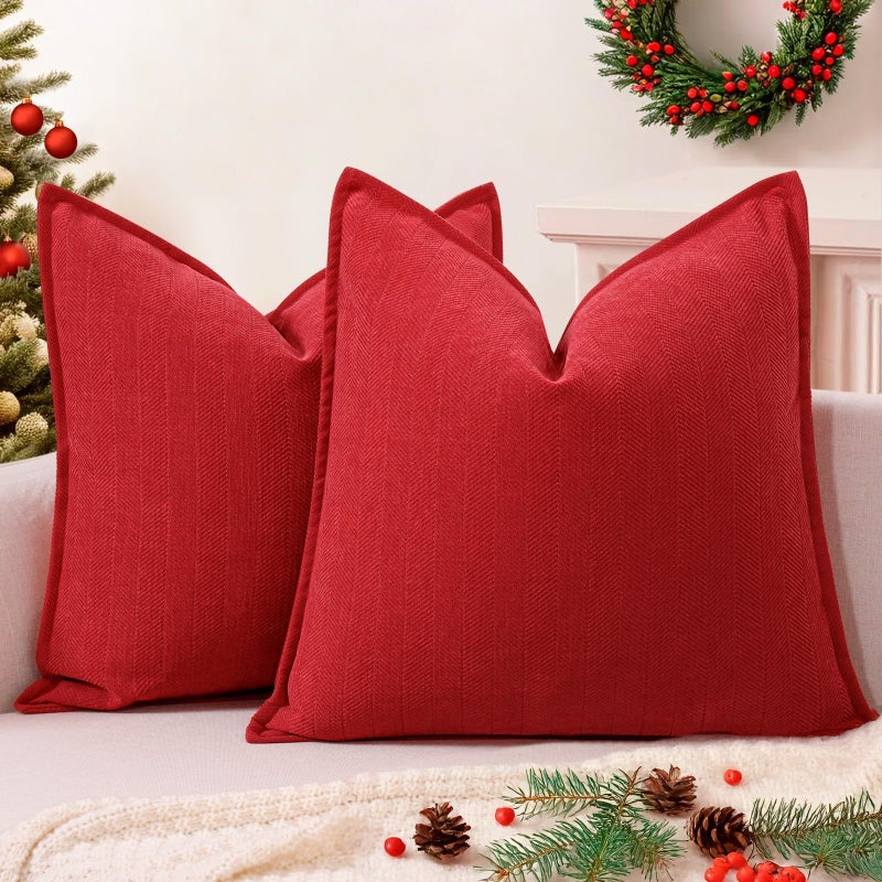 ZWJD Christmas Pillow Covers 18x18 Set of 2 Chenille Throw Red Cushion Covers with Elegant Design Soft and Luxurious Decorative Pillows for Couch Bed and Christmas Decor