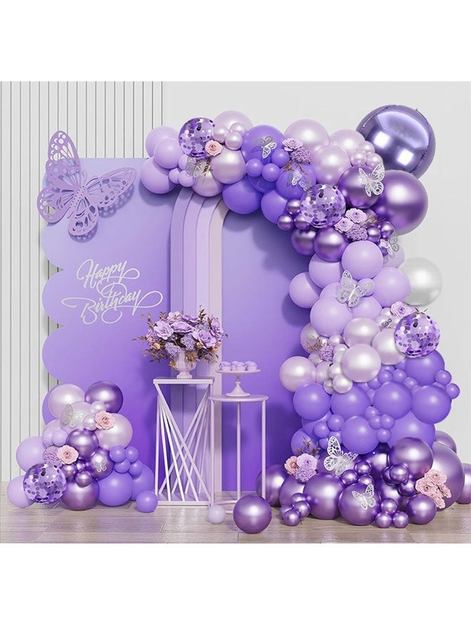 مجموعة سلسلة بالونات فراشة أرجوانية، لأعياد الميلاد/الزفاف/التخرج/حفلات استقبال المولود/حفلات توديع العزوبية، بالونات لاتكس نابضة بالحياة متعددة الأحجام مع لمسات فراشات، ديكور خلفي جذاب للحفلات - Image 1