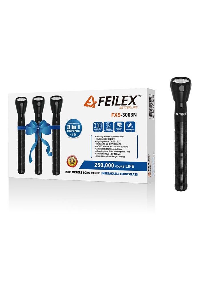 فيليكس كشاف 3 في 1 LED قابل للشحن 25 سم هيكل من الألومنيوم وزجاج أمامي غير قابل للكسر FXS-3003N أسود - Image 1