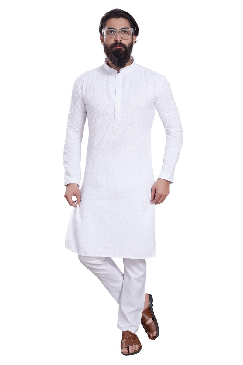 DIVISIVE Men's Sequince Embroidered Cotton Blend Only Slim Fit Kurta (DKRT233_XL_White) - Image 2