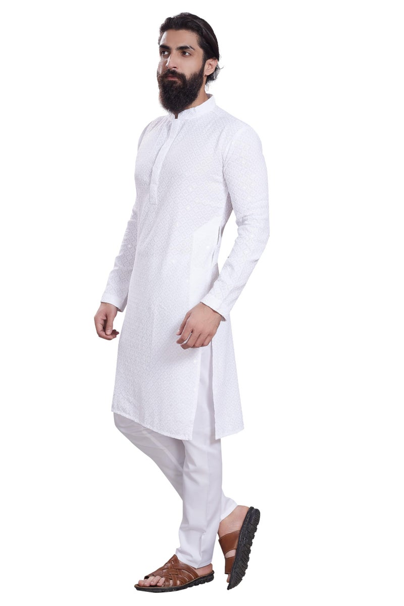 DIVISIVE Men's Sequince Embroidered Cotton Blend Only Slim Fit Kurta (DKRT233_XL_White) - Image 4