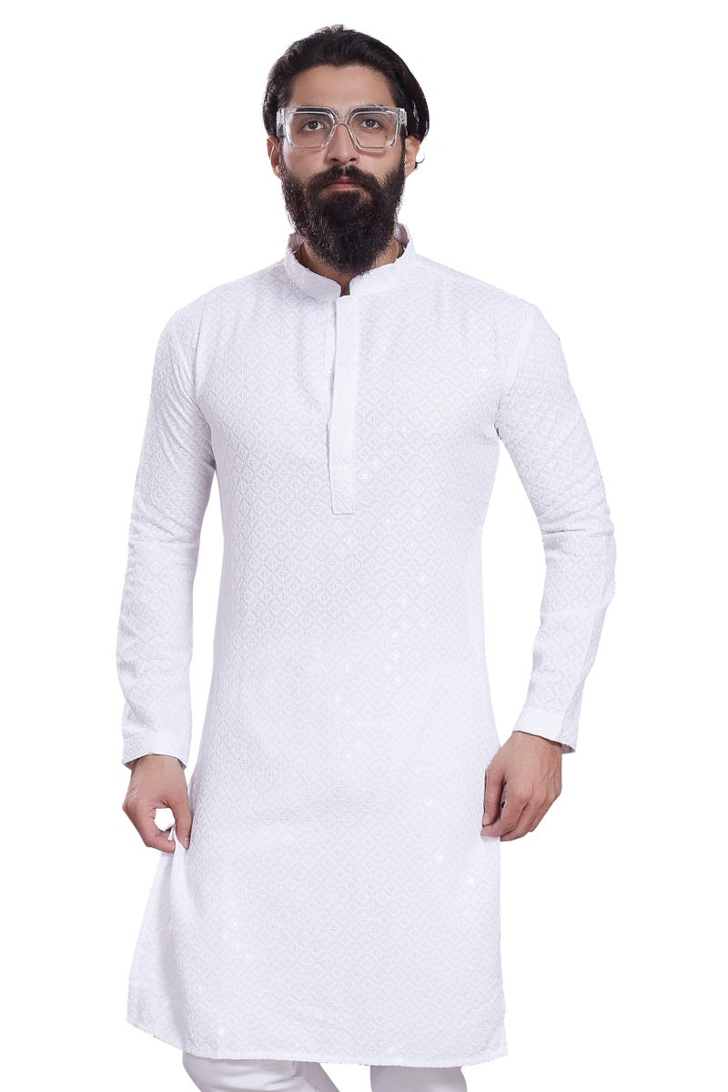 DIVISIVE Men's Sequince Embroidered Cotton Blend Only Slim Fit Kurta (DKRT233_XL_White) - Image 1