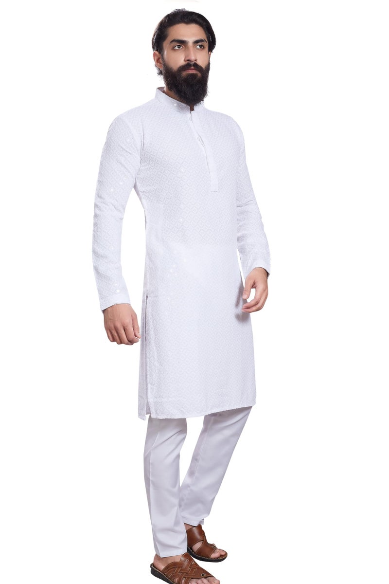 DIVISIVE Men's Sequince Embroidered Cotton Blend Only Slim Fit Kurta (DKRT233_XL_White) - Image 3