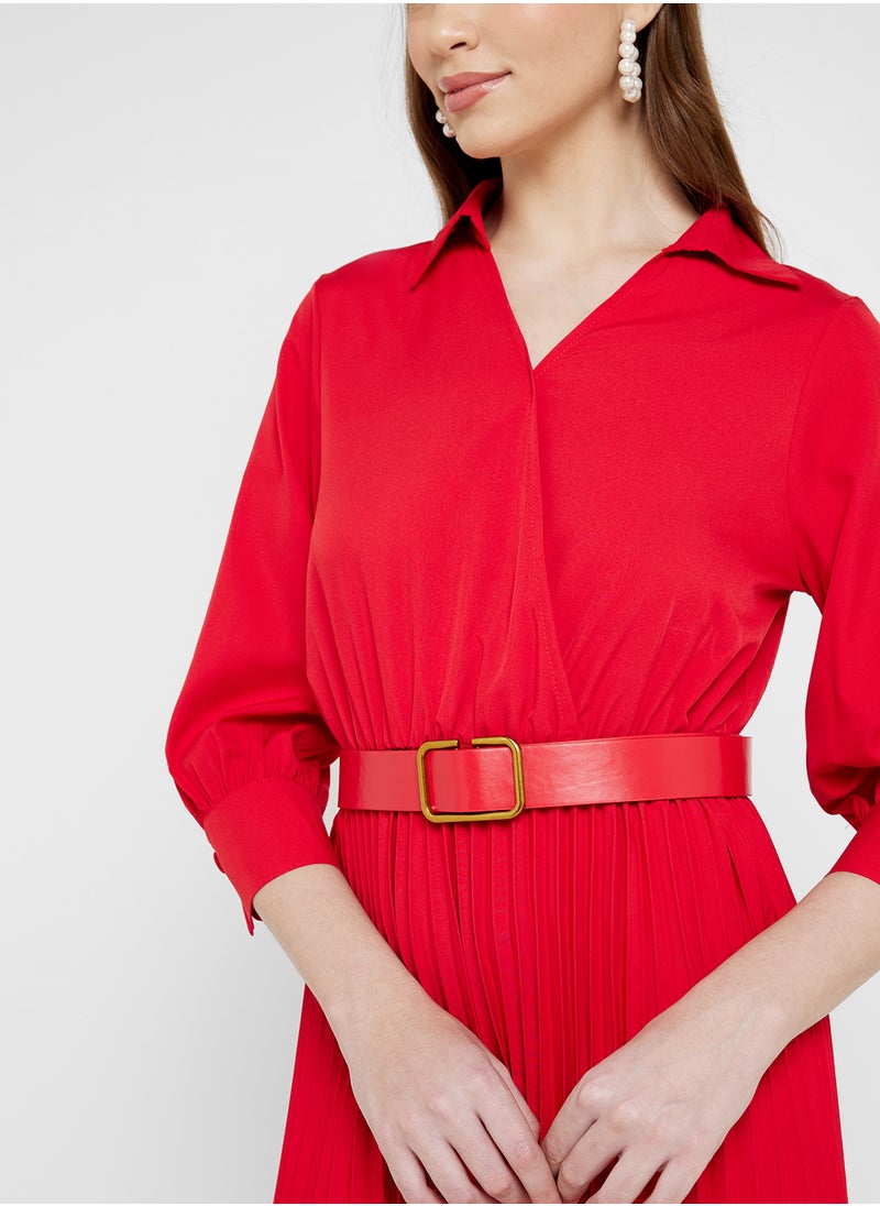 ELLA Belted Wrap Dress With Pleats  - Image 3