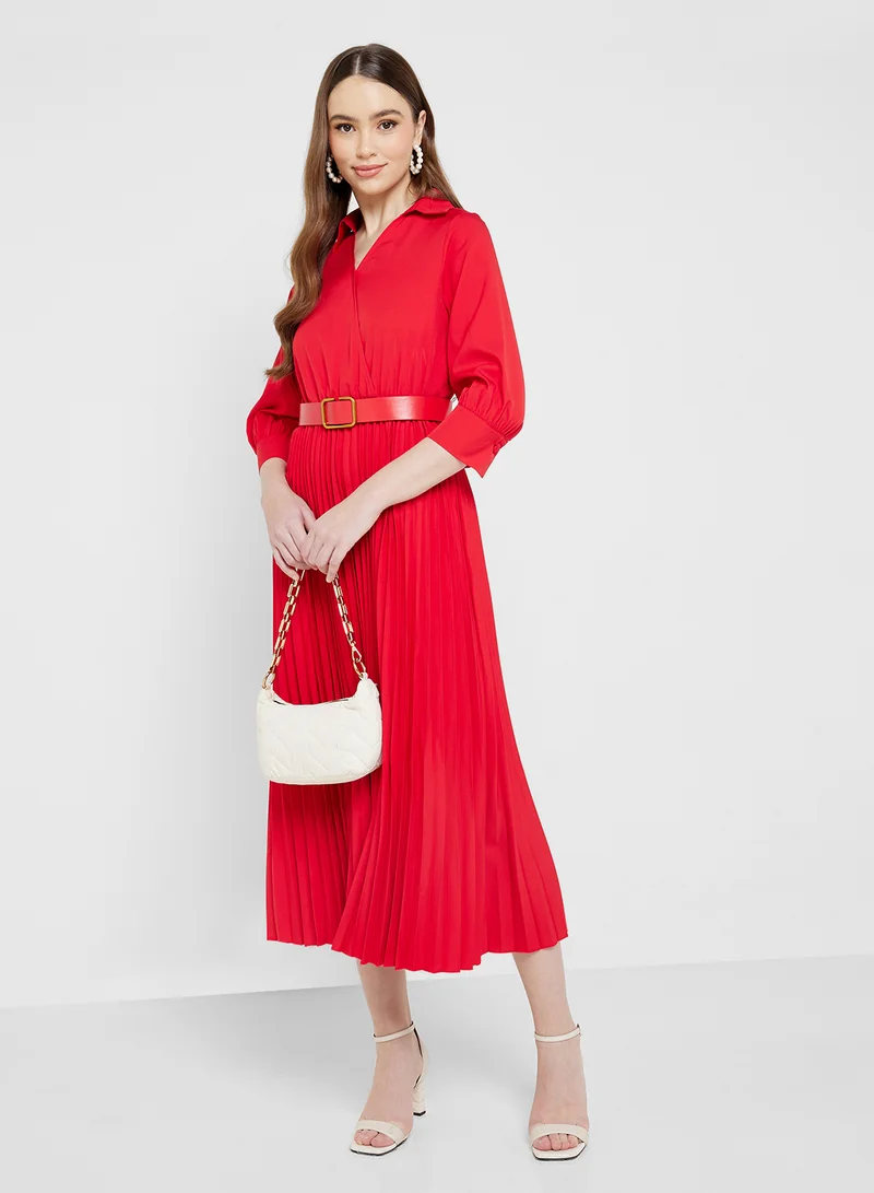 ELLA Pleated Red Midi Dress