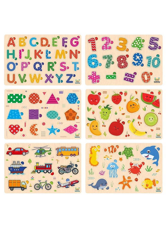 Webby Wooden Educational Colorful Alphabets, Counting Numbers, Fruits, Sea Animals, Public Transport and Shapes Puzzle for Preschool Kids - Set of 6 - Image 1