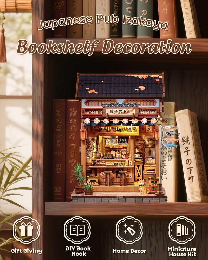 CUTEBEE Book Nook Kit - DIY Miniature House Japanese Izakaya, Dollhouse Kit for Adults and Teens, Booknook Tiny House Bookshelf Decor 3D Wooden Puzzle, Gifts for Family, Friends (Japanese Izakaya) - Image 3