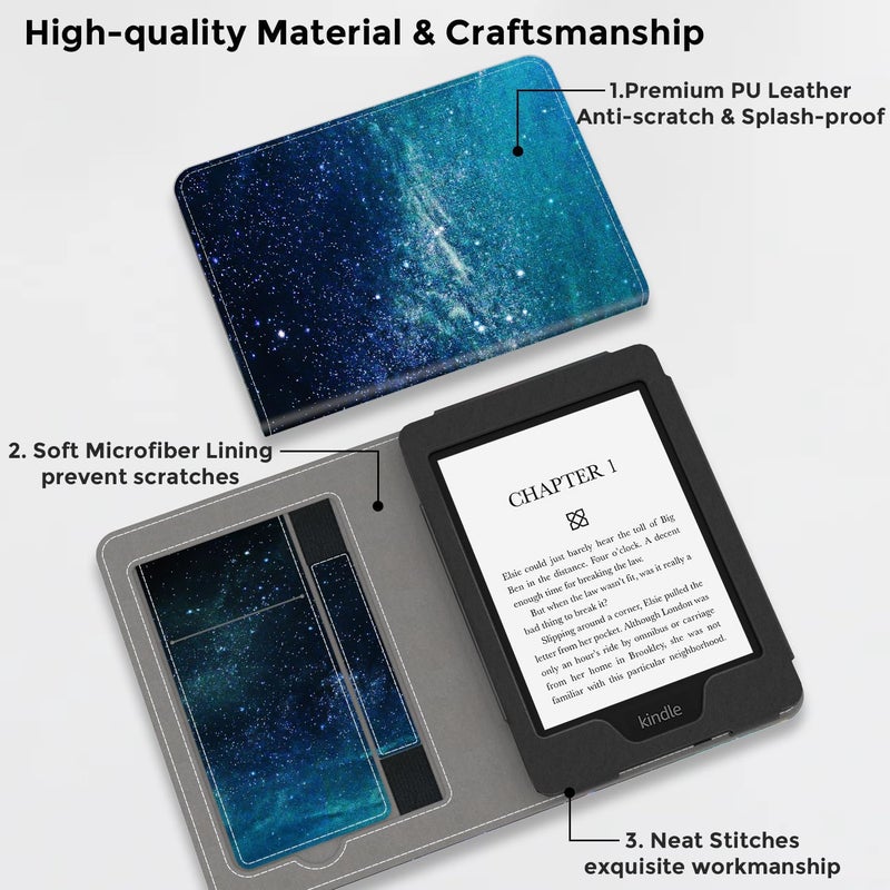 VORI Stand Case for Kindle Paperwhite (11th Generation-2021) and Kindle Paperwhite Signature Edition, PU Leather Case Smart Protective Cover with Auto-Wake/Sleep and Hand Strap, Galaxy - Image 4