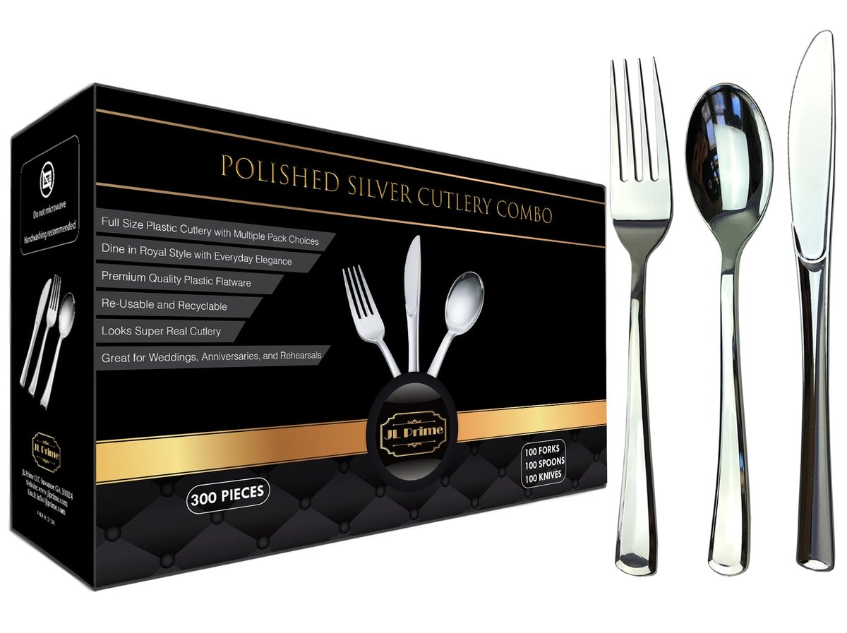 JL Prime 300 Piece Silver Plastic Silverware Set Reusable Recyclable ...