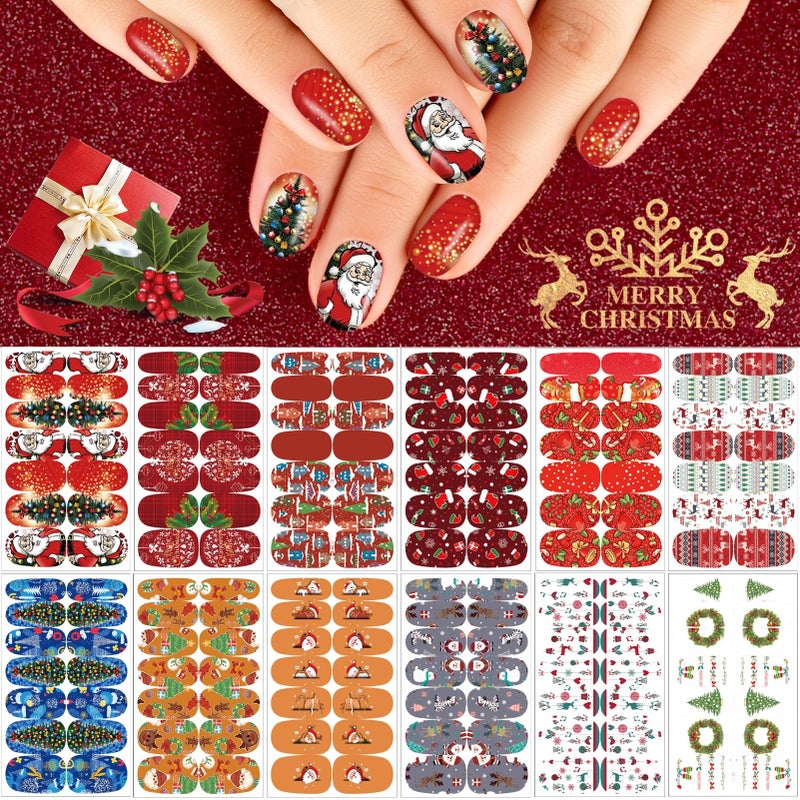12 Sheets Christmas Nail Wraps Full Stickers Nail Polish Strips DIY SelfAdhesive Nail Art Decals Santa Claus Xmas Tree Snowflake Pattern with 2 Piece Nail Files for Party Decor 168 Pieces