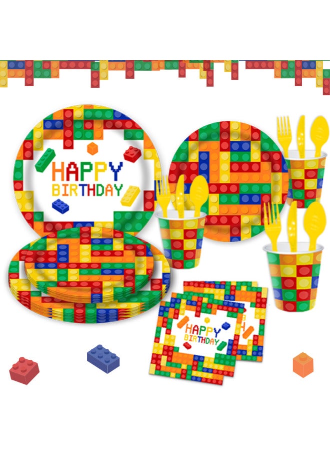 Lego Block Theme Children's Birthday Party Tableware Disposable Dinner Plate 9 Inch 7 Inch Paper Plate Paper Towel Tablecloth-Color:Paper Towel-Specifications:24 Persons - Image 3