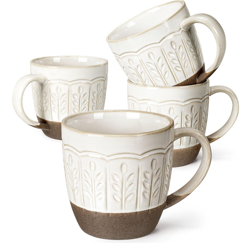 Artena Ceramic Coffee Mugs Set of 4, 16oz Embossed Large Latte Mugs Coffee Cups with Handle for Tea, Latte, Cappuccino & Cocoa, Milk Dishwasher & Microwave Safe, White (Wheat Leaf) - Image 1