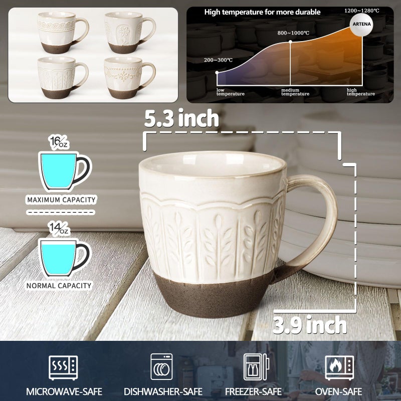Artena Ceramic Coffee Mugs Set of 4, 16oz Embossed Large Latte Mugs Coffee Cups with Handle for Tea, Latte, Cappuccino & Cocoa, Milk Dishwasher & Microwave Safe, White (Wheat Leaf) - Image 2