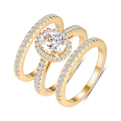 MDFUN Three-in-One Oval Halo Wedding Bands Set Engagement Rings 18K Yellow Gold Plated Cubic Zirconia Promise Eternity Band for Women Size 6 - Image 1