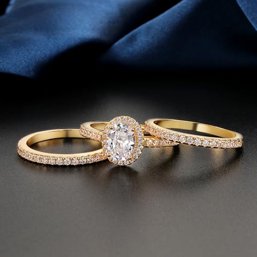 MDFUN Three-in-One Oval Halo Wedding Bands Set Engagement Rings 18K Yellow Gold Plated Cubic Zirconia Promise Eternity Band for Women Size 6 - Image 4