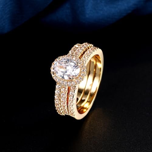 MDFUN Three-in-One Oval Halo Wedding Bands Set Engagement Rings 18K Yellow Gold Plated Cubic Zirconia Promise Eternity Band for Women Size 6 - Image 3