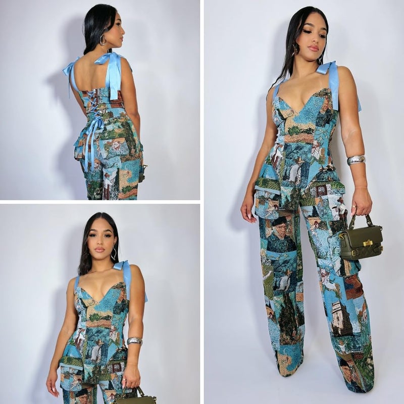 Molilove Sexy 2 Piece Sets for Women Pattern Print Sleeveless Crop Top and Wide Leg Pants with Pockets Soft Stretchy Outfits - Image 2