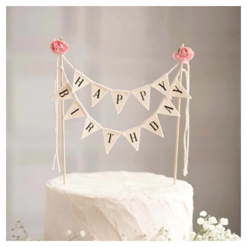 BEAIMUXI Happy Birthday Cake Bunting Topper Cake Topper Garland, Handmade Pennant Flags with Wood Pole Ivory (With Pink Rose) - Image 1