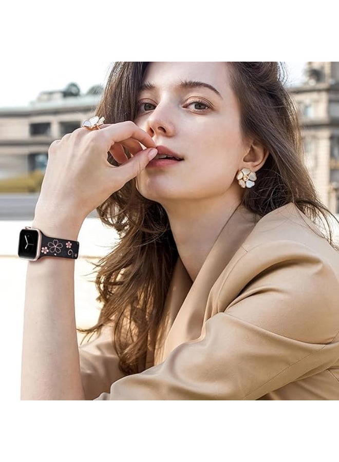 حزام نقش زهور متوافق مع ساعة آبل واتش مقاسات 49mm 45mm 44mm 42mm للنساء، حزام رياضي سيليكون ناعم بتصميم زهور بلونين - Image 3