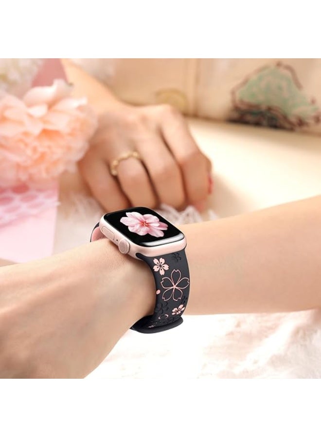حزام نقش زهور متوافق مع ساعة آبل واتش مقاسات 49mm 45mm 44mm 42mm للنساء، حزام رياضي سيليكون ناعم بتصميم زهور بلونين - Image 5
